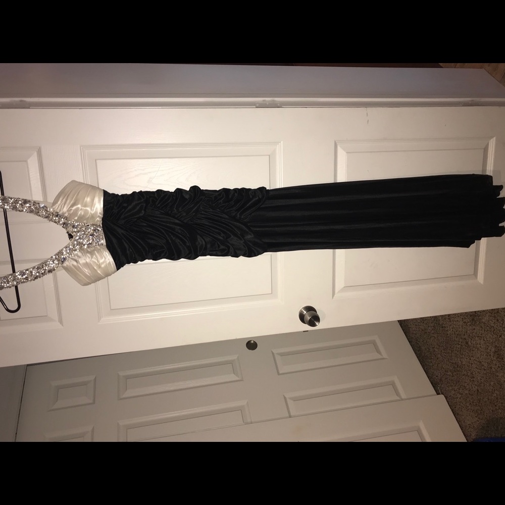 Black and white long prom dress with rhinestones